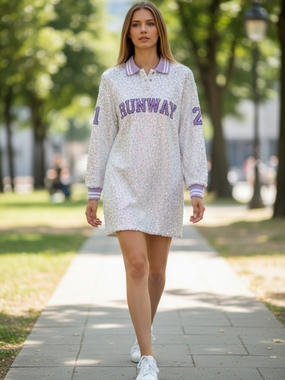 Shane Justin Runway Sequin Mini Dress Y2K White Sparkly Varsity Glam Size M NWT